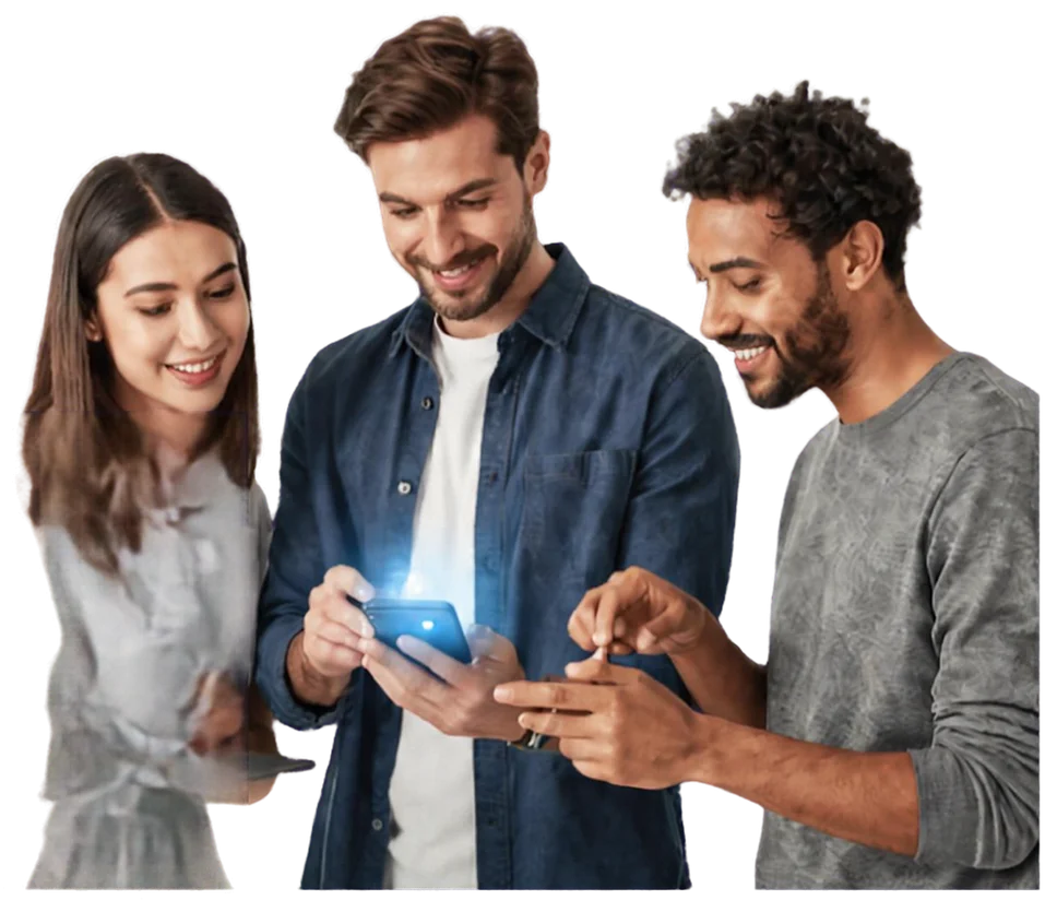 Trois personnes souriantes consultant une boutique en ligne sur un smartphone